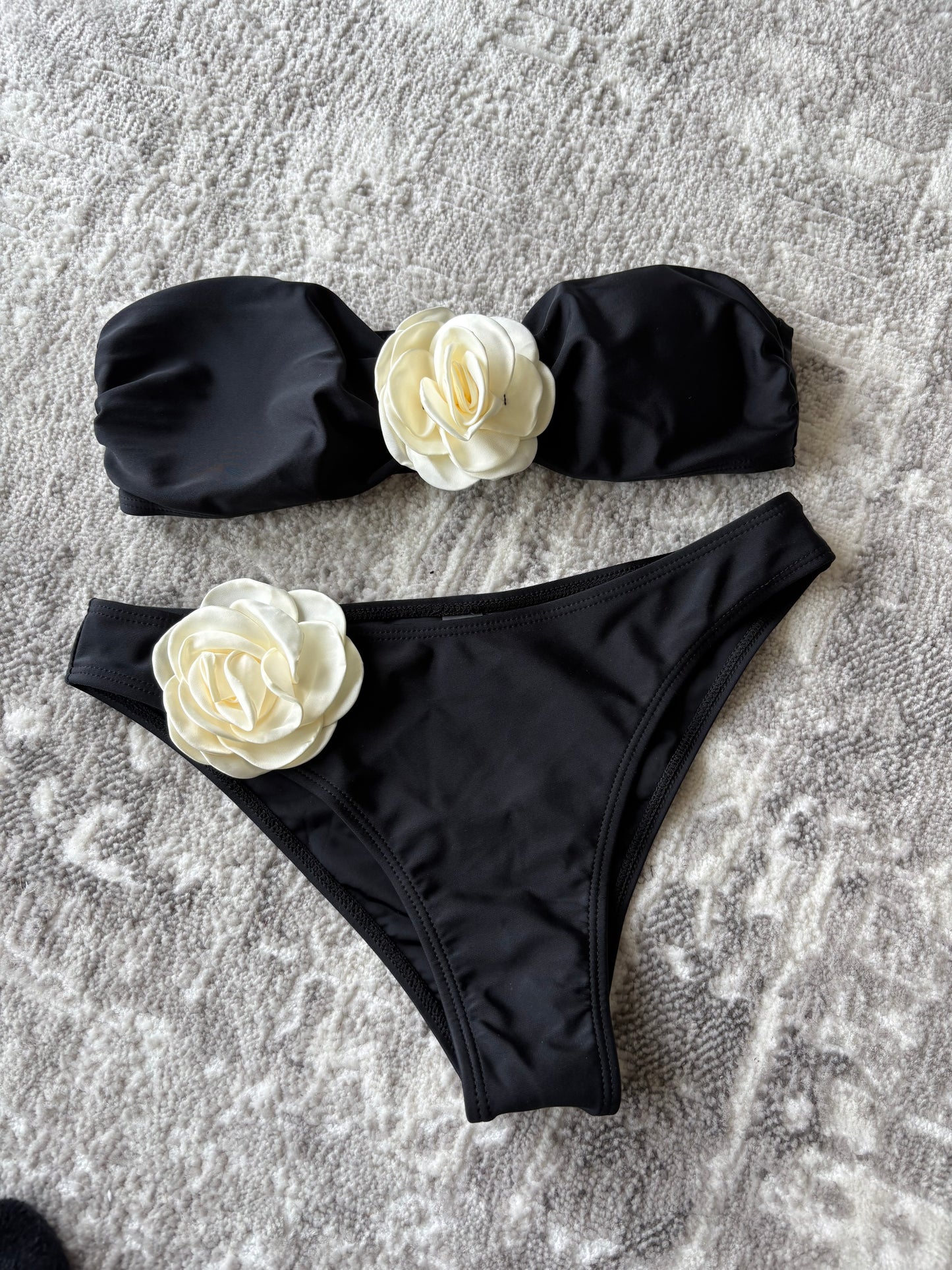 Black 3 Piece Floral Bikini Set with Wrap Skirt Elegant Swimwear