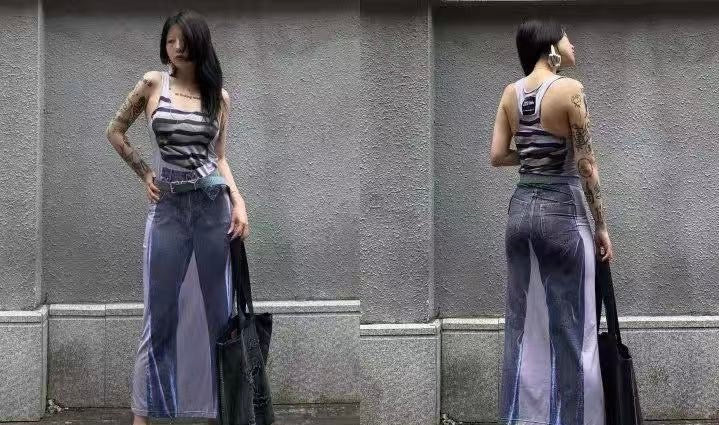 Edgy Illusion Denim Maxi Dress Y2K Streetwear