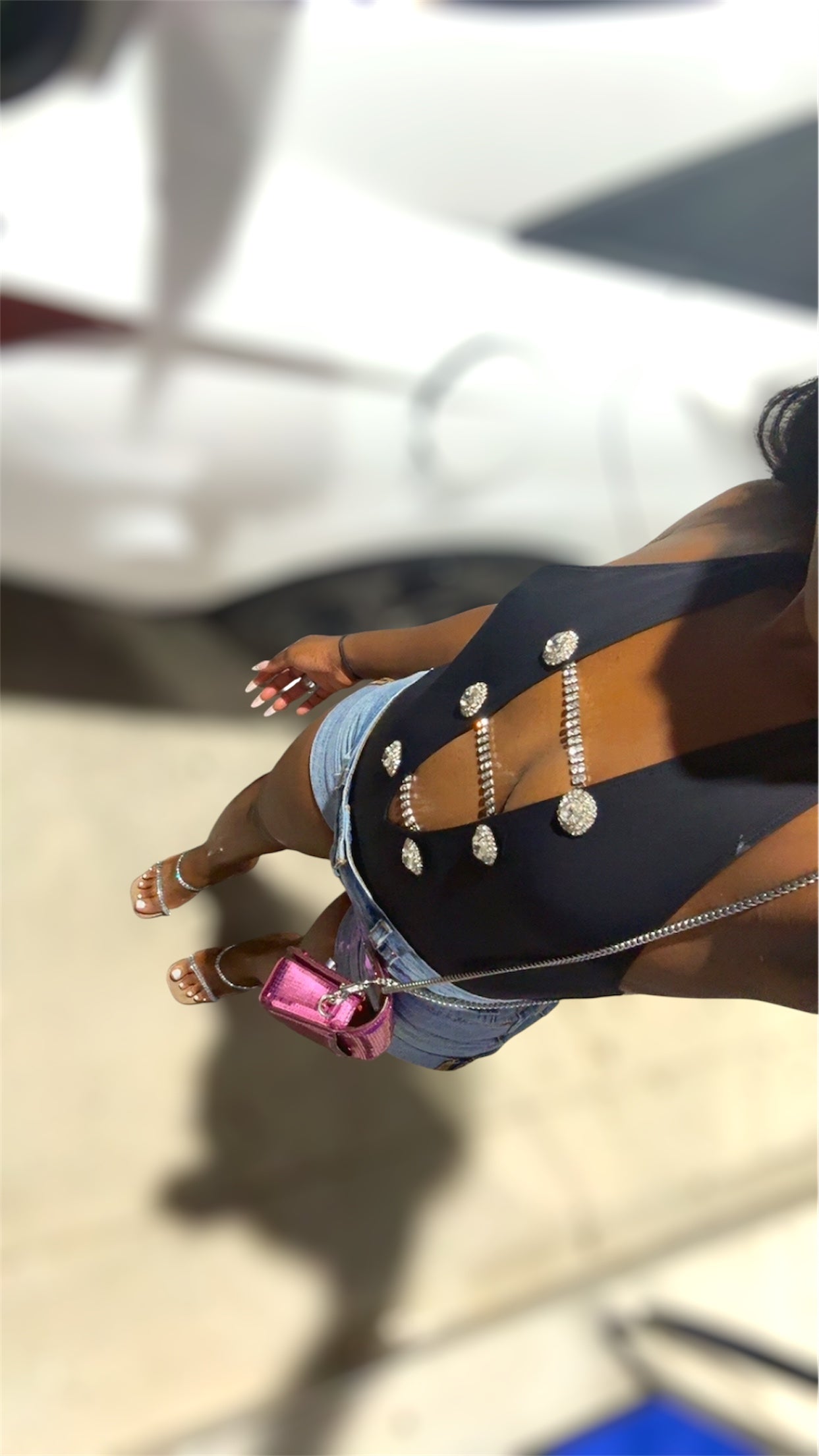 Black Halter Rhinestone Bodysuit Sexy Plunge Neck One Piece