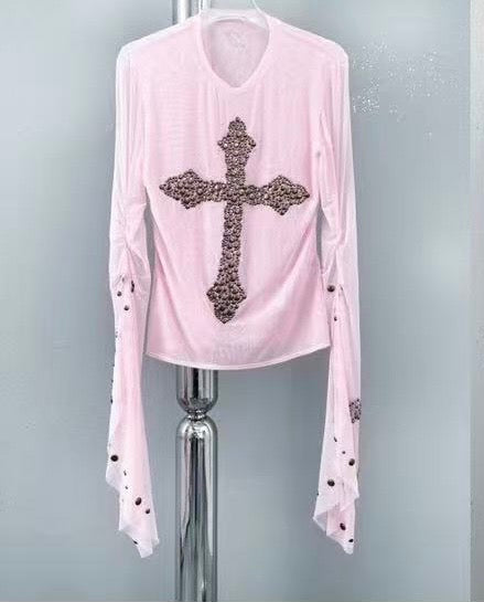 Embellished Cross Long-Sleeve Top -pink