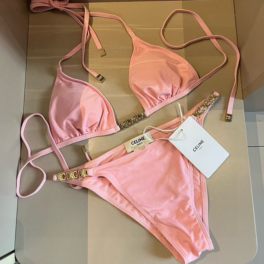 Pink Chain Bikini Set Luxury Triangle Top Swimsuit for Women
