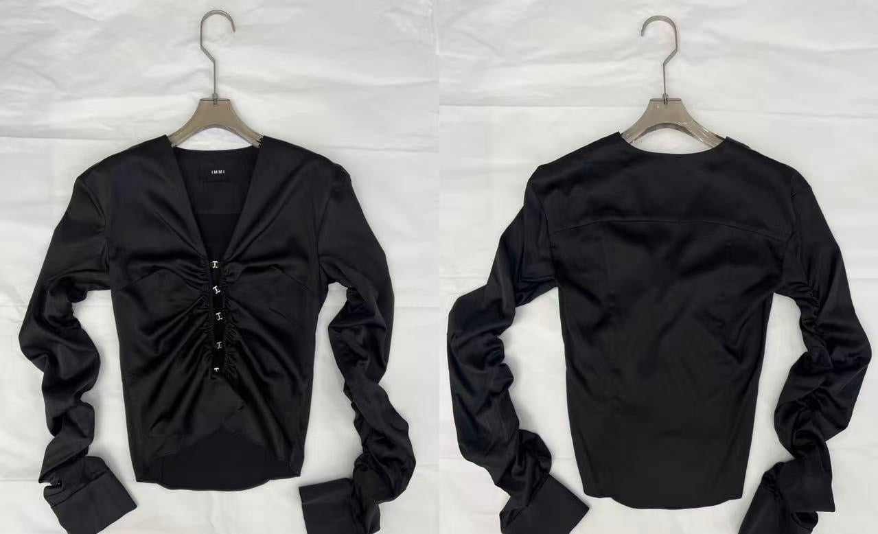 Black Ruched Sleeve Satin Top Button Front Long Sleeve Blouse