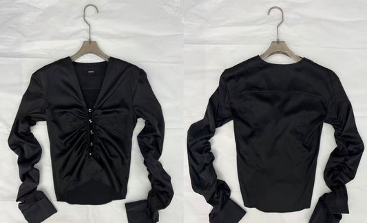 Black Ruched Sleeve Satin Top Button Front Long Sleeve Blouse