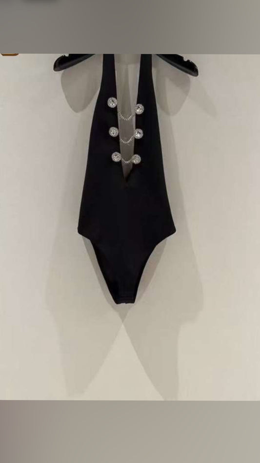 Black Halter Rhinestone Bodysuit Sexy Plunge Neck One Piece