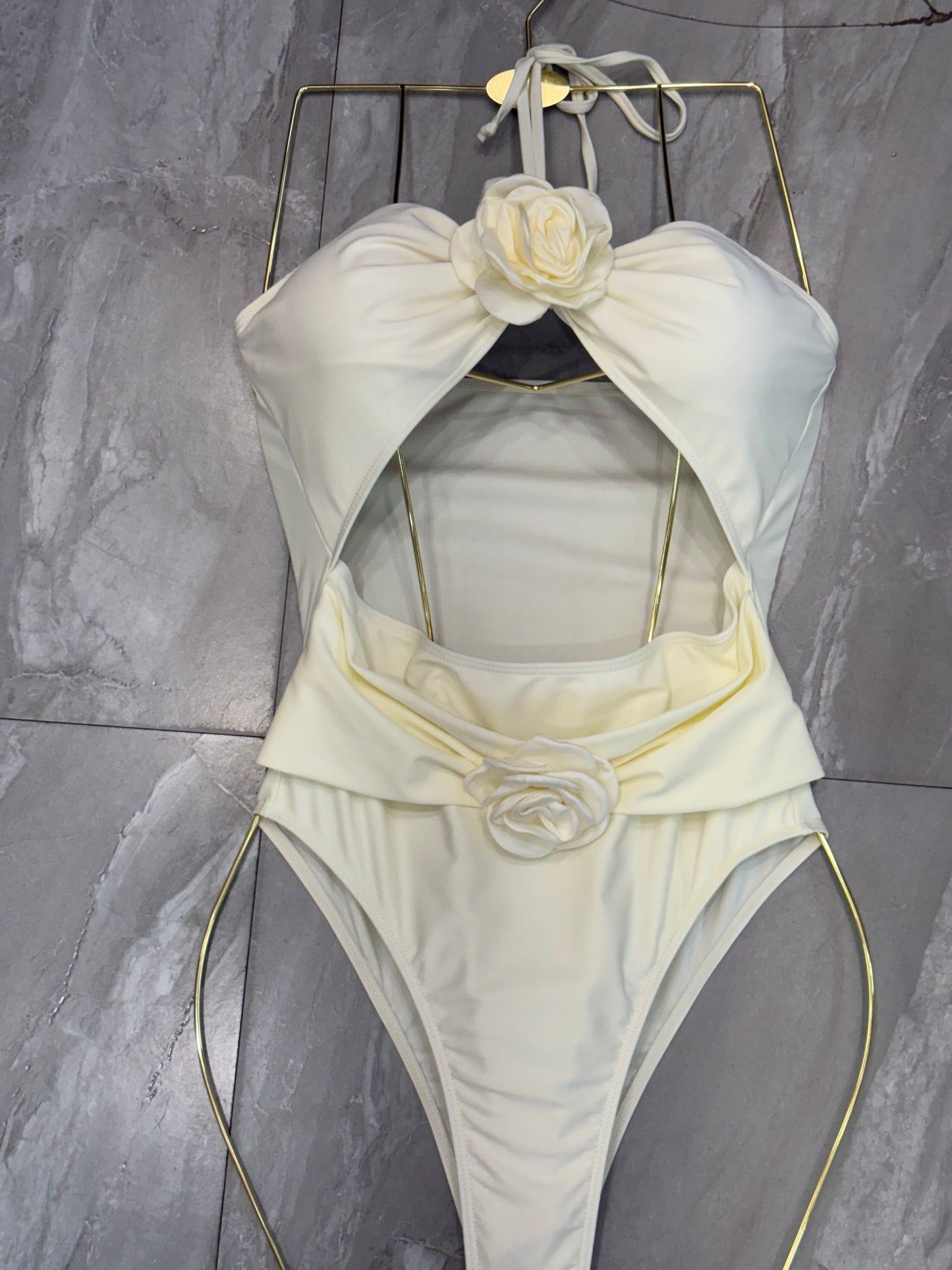 Floral Cutout One-Piece Swimsuit Halter Neck with 3D Rose Detail