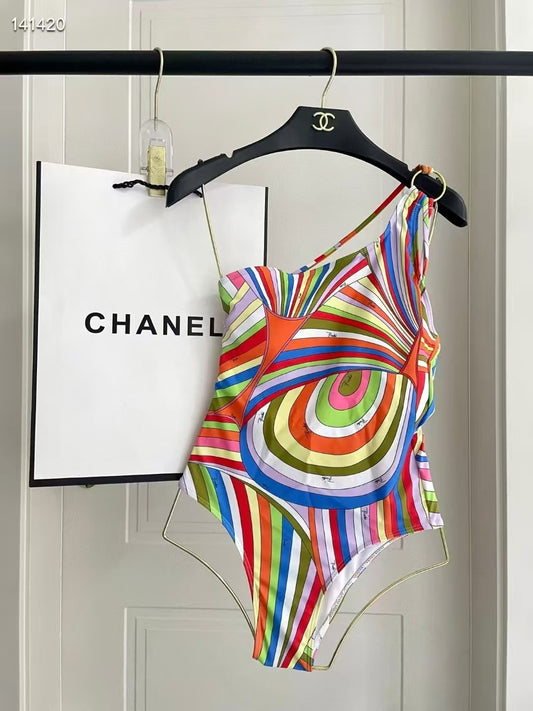 Rainbow Swirl One Shoulder Swimsuit Swimwear