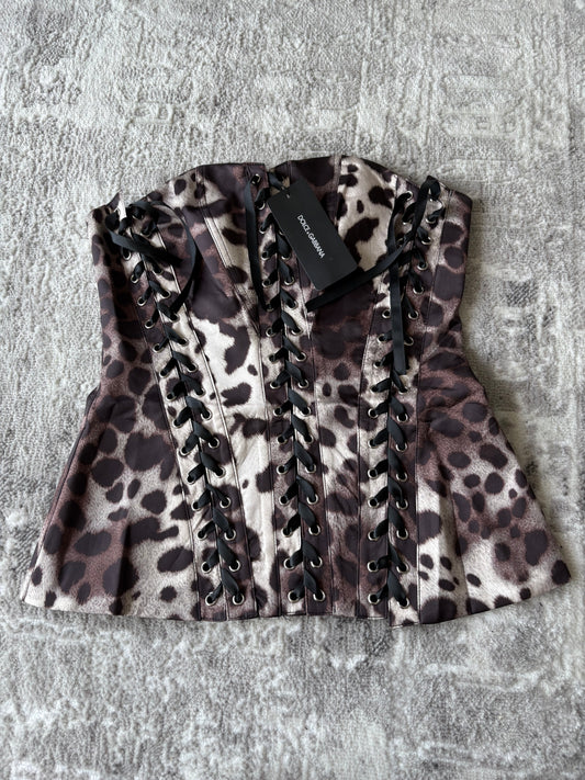 Leopard Lace-Up Corset Top Bustier with Adjustable Front Detailing