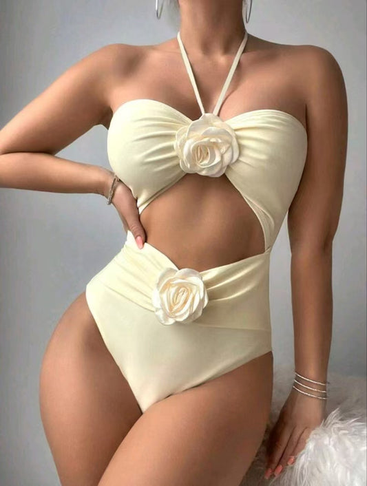 Floral Cutout One-Piece Swimsuit Halter Neck with 3D Rose Detail