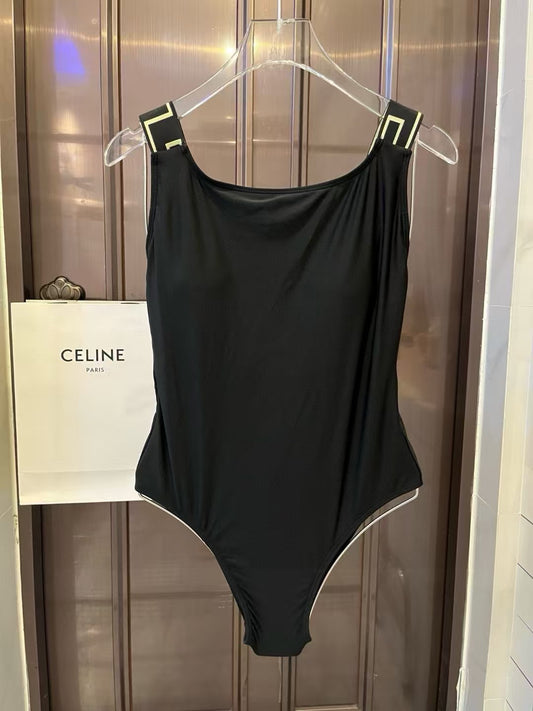 Luxury Sculpted Black One Piece Swimsuit Square Neck High Cut Design