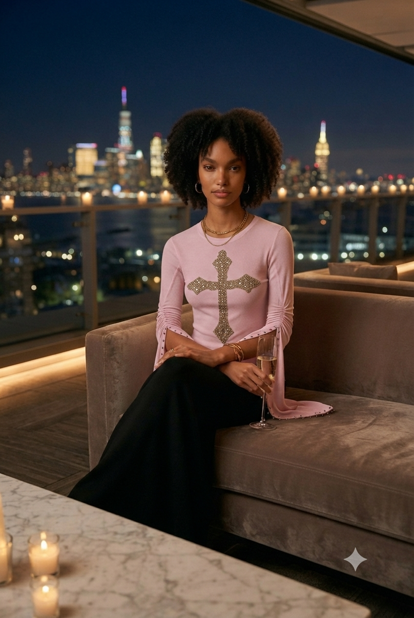 Embellished Cross Long-Sleeve Top -pink