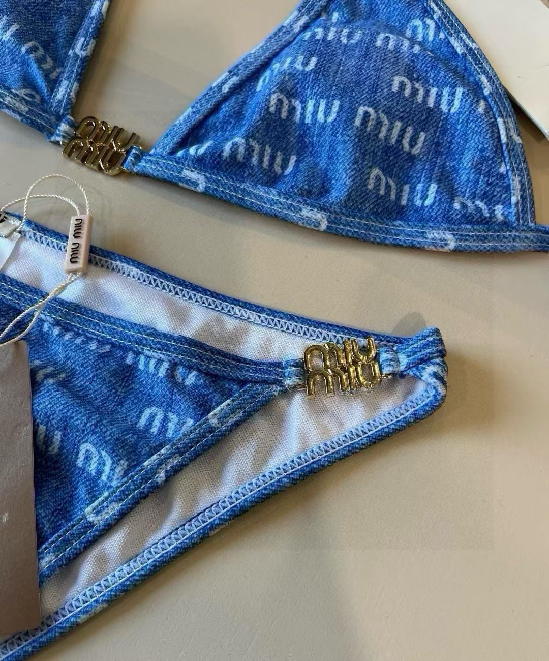 Blue Monogram Bikini Set Blue Triangle Top & High Cut Bottoms