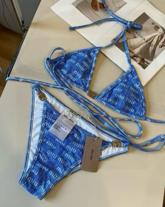Blue Monogram Bikini Set Blue Triangle Top & High Cut Bottoms