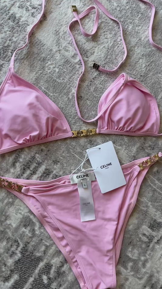 Pink Chain Bikini Set Luxury Triangle Top Swimsuit for Women